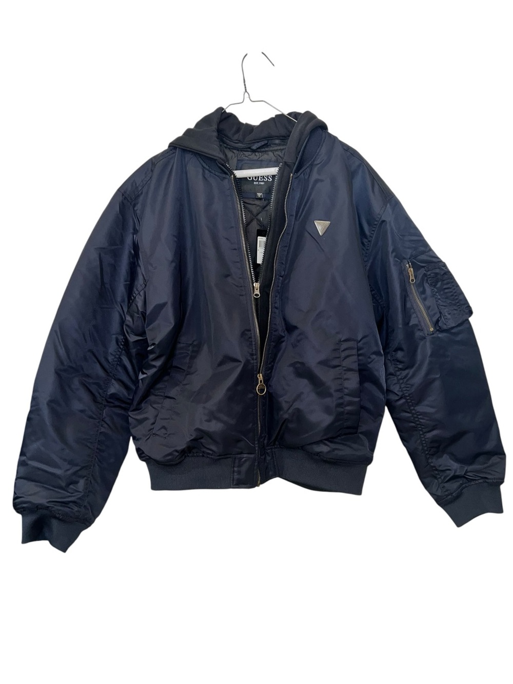 GUESS Men’s Hooded Bomber Jacket Jet Black Size Medium NWT Flaw - Picture 4 of 12
